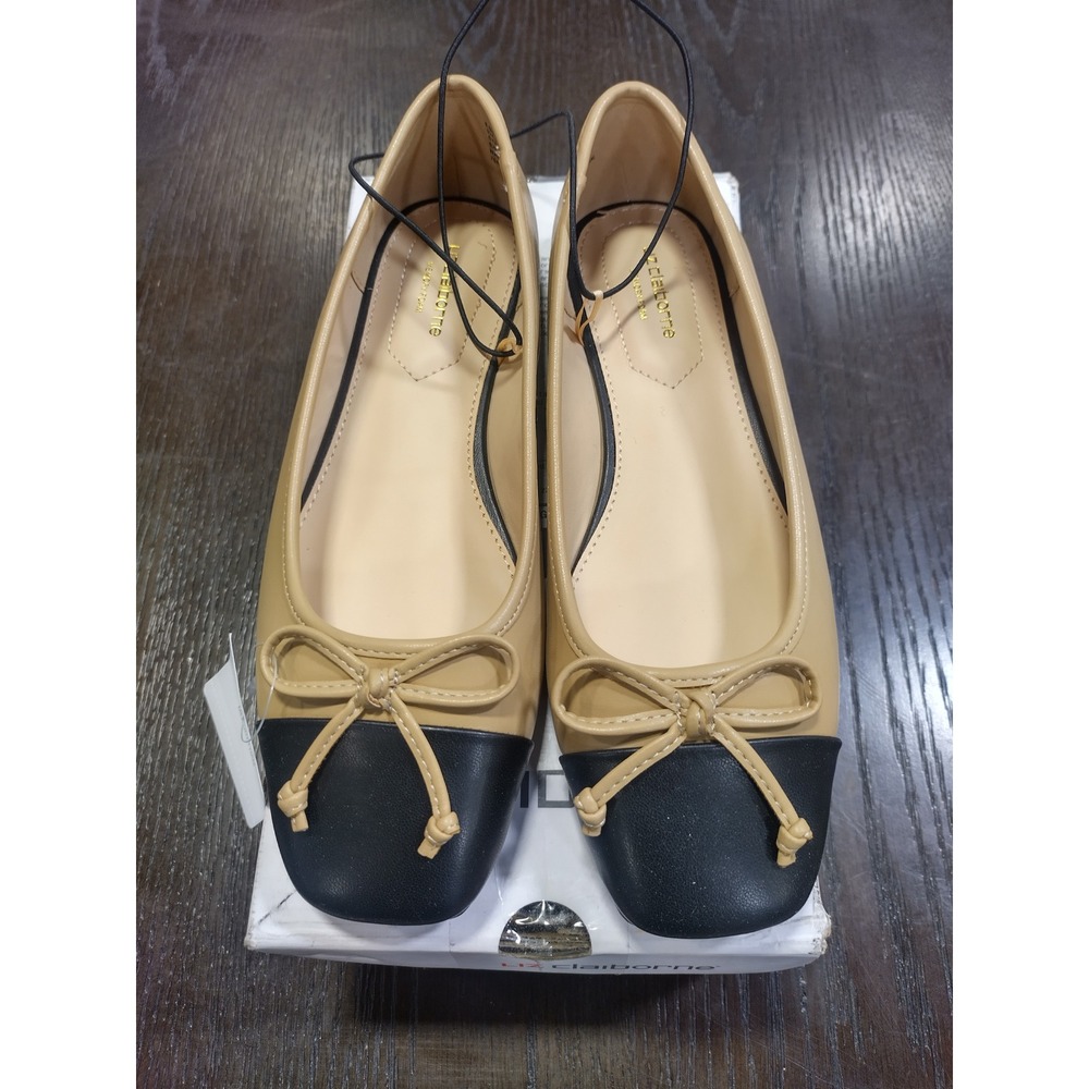 Liz Claiborne Flora Nude Black Cap Toe Ballet Flats Memory Foam Bow Shoes 6.5 M